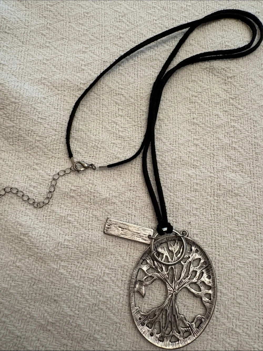 Boho Bundle of 3 Black Cord and Gunmetal Tree of Life Necklace with Pink Accent - Picture 8 of 10